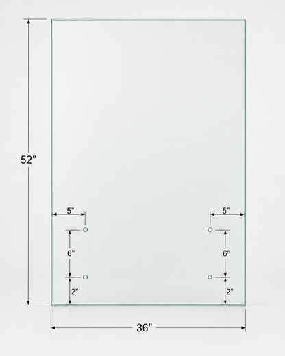 Eight 12mm tempered standoff railing glass panels with polished edges, designed for modern glass railing systems by Best Glass Parts.
