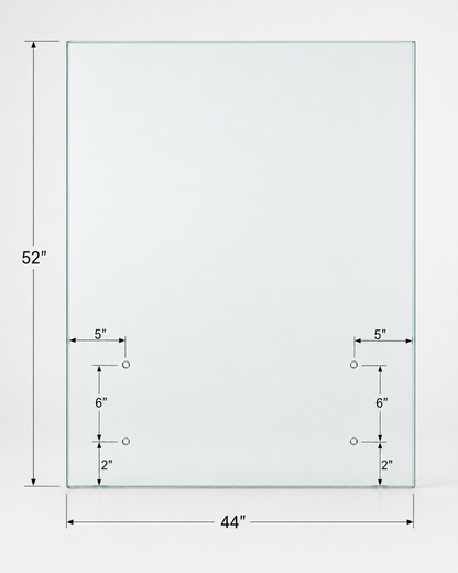 Clear 12mm tempered glass standoff railing panel by Best Glass Parts, showing polished edges and mounting hardware.