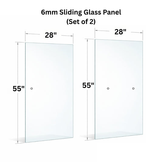 6mm tempered glass panel with holes for sliding doors, manufactured by Best Glass Parts, showing a clear, polished glass surface with drilled holes.