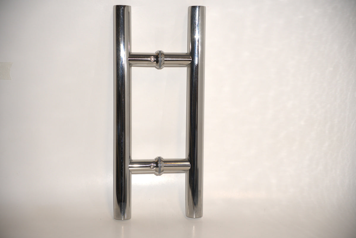Chrome H-shaped pull handle from Best Glass Parts, round design suitable for glass doors or cabinets.