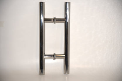 Chrome H-shaped pull handle from Best Glass Parts, round design suitable for glass doors or cabinets.