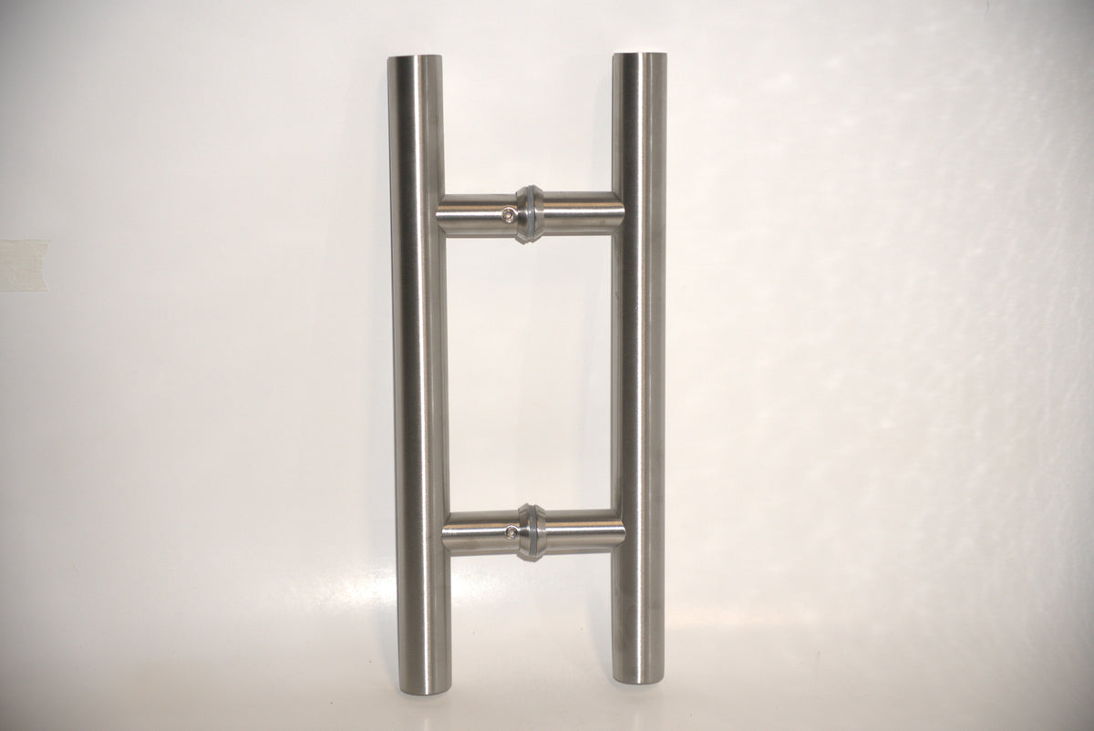 Chrome H-shaped pull handle by Best Glass Parts, round design, suitable for glass doors or cabinets.