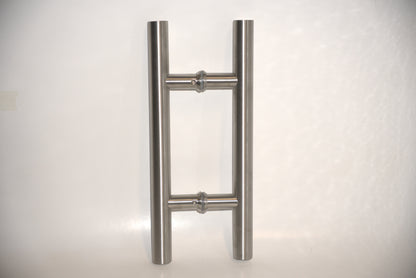 Chrome H-shaped pull handle by Best Glass Parts, round design, suitable for glass doors or cabinets.