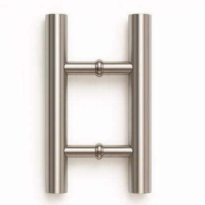 Chrome H-shaped pull handle by Best Glass Parts, mounted on a glass surface, with a sleek, rounded design for cabinet or door use.