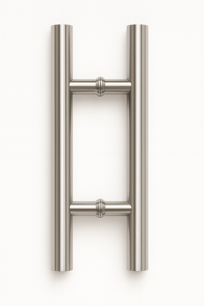 Chrome H-shaped pull handle from Best Glass Parts, rounded design, suitable for glass doors or cabinets.