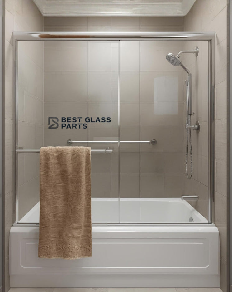 Chrome 6mm tub door slider kit from Best Glass Parts with hardware and track for smooth sliding door installation.