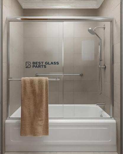 Chrome 6mm tub door slider kit from Best Glass Parts with hardware and track for smooth sliding door installation.