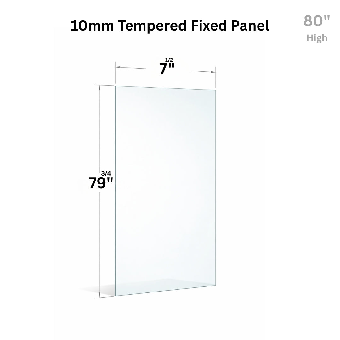 Clear 10mm tempered glass fixed panel, 80-inch high, from Best Glass Parts, designed for shower or architectural use.