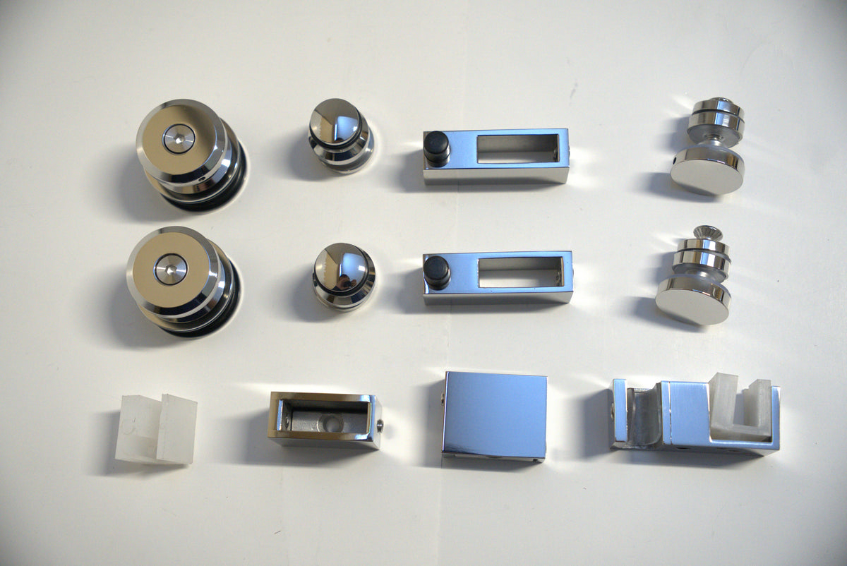 Chrome Skyline Roller Kit from Best Glass Parts with 8-10mm rollers for glass door hardware.