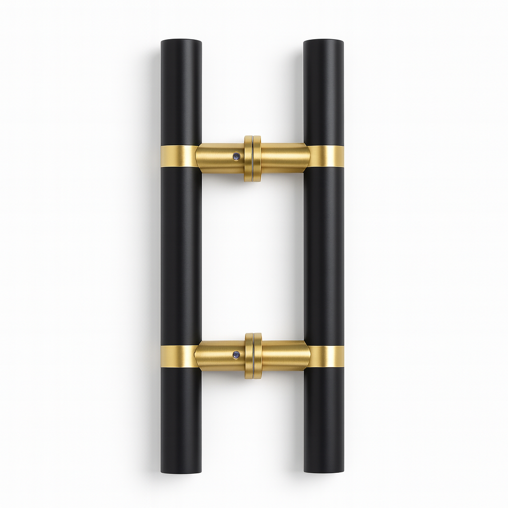 Round black and gold pull handle with H style design by Best Glass Parts, ideal for cabinets or furniture.