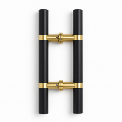 Round black and gold pull handle with H style design by Best Glass Parts, ideal for cabinets or furniture.