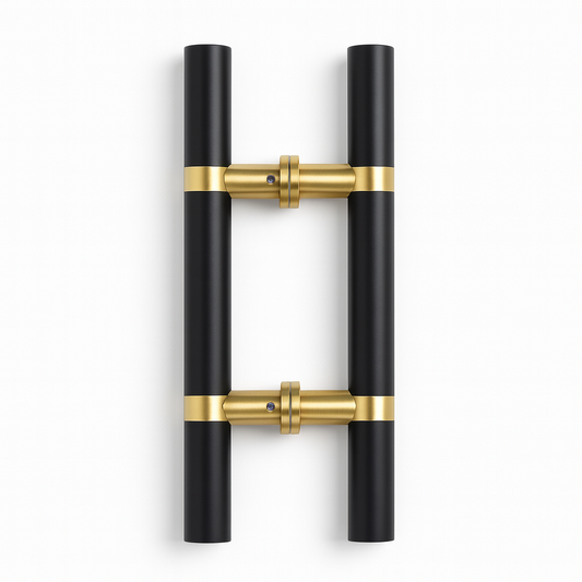 Round black and gold pull handle with H style design by Best Glass Parts, ideal for cabinets or furniture.