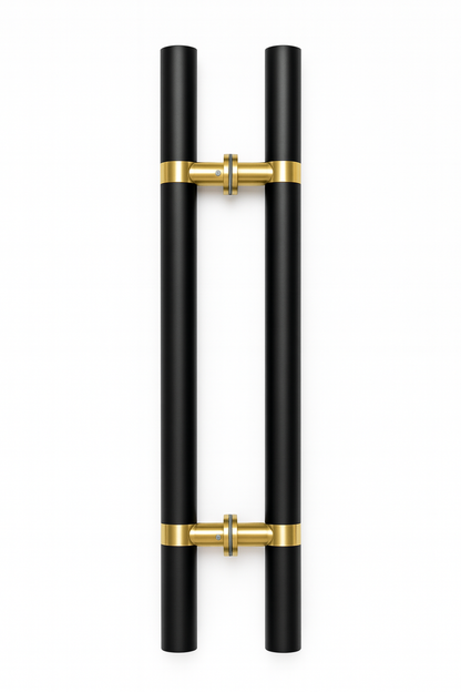 Round black and gold H-style pull handle from Best Glass Parts, featuring a sleek design for glass doors or cabinets.