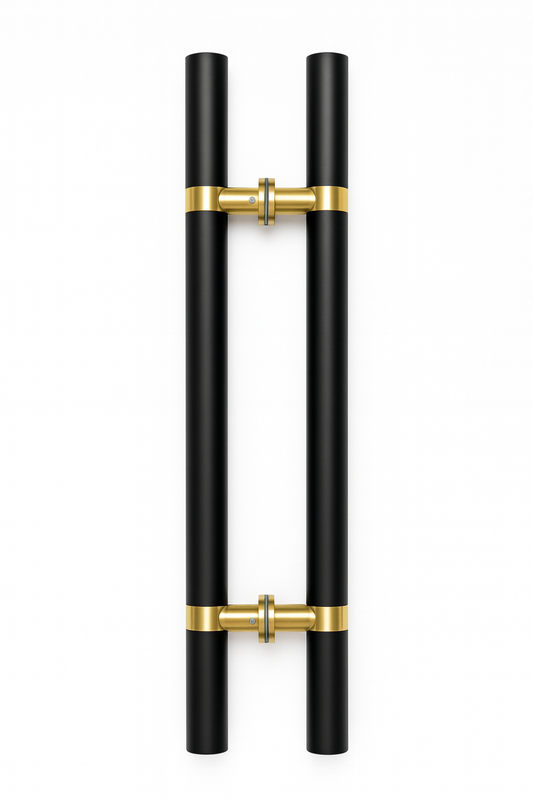 Round black and gold H-style pull handle from Best Glass Parts, featuring a sleek design for glass doors or cabinets.