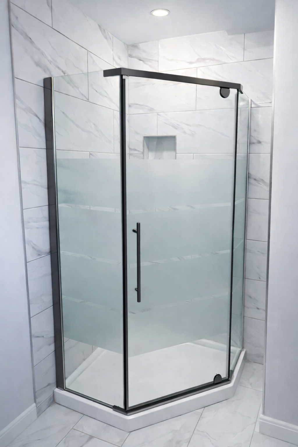 Chrome Neo Angle Shower Door by Best Glass Parts, 8mm glass with sleek modern design, shown open with clear glass panels.