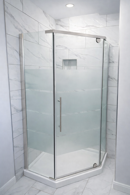 Chrome Neo Angle Shower Door by Best Glass Parts with 8mm glass, featuring a sleek, modern design and sturdy metal hinges.