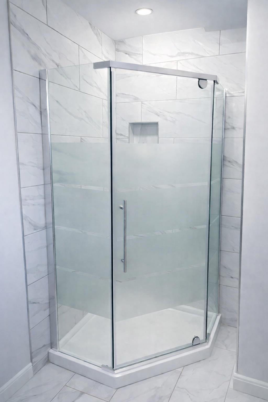 Chrome Neo Angle Shower Door by Best Glass Parts with 8mm glass and sleek design, installed in a modern bathroom.