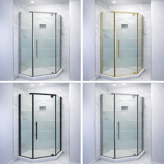 Neo angle shower door by Best Glass Parts, featuring clear glass panels with chrome hardware for modern bathroom design.