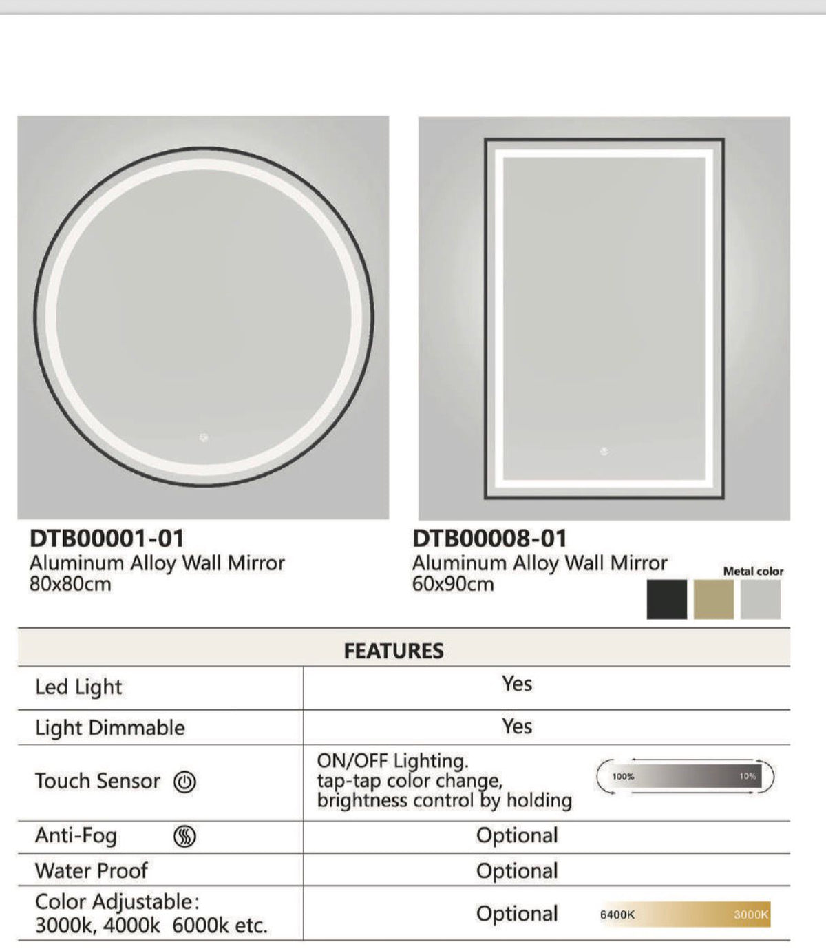 Black aluminium alloy round LED mirror, 36x36 inches, modern design, from Best Glass Parts.