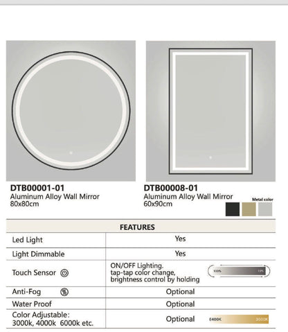 Black aluminium alloy round LED mirror, 36x36 inches, modern design, from Best Glass Parts.