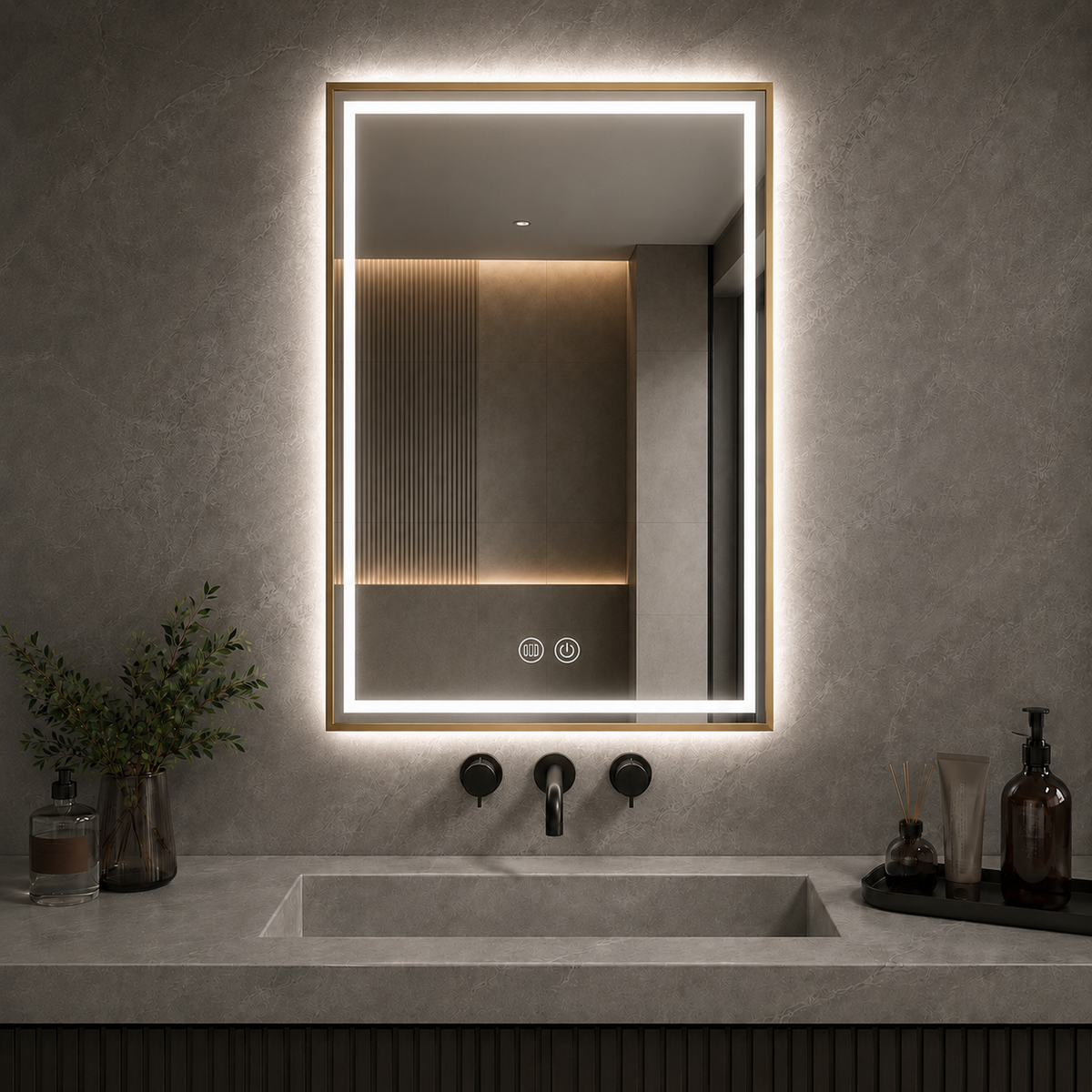Black aluminium alloy rectangle LED mirror, 24x36 inches, designed for modern bathroom or vanity decor.