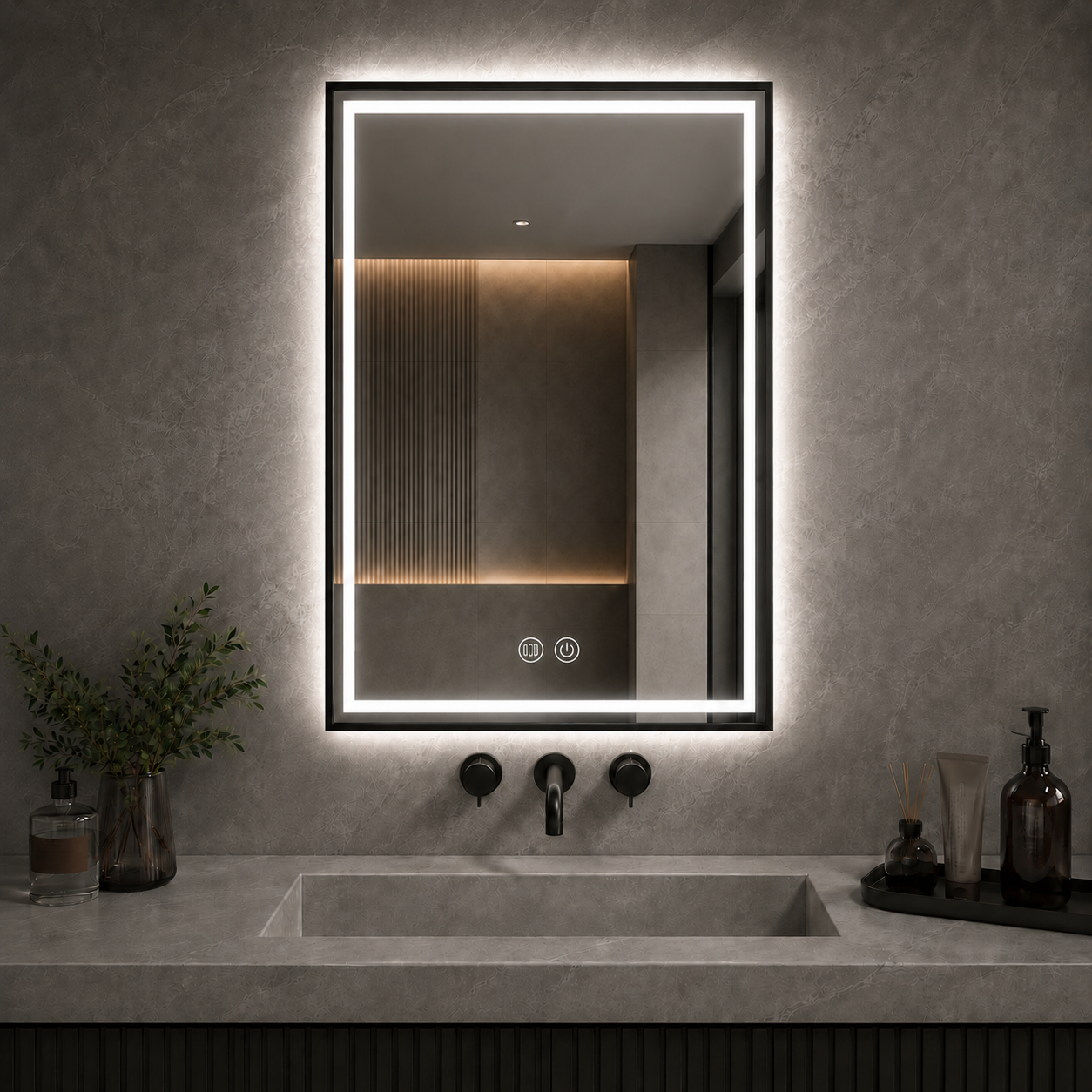 Black aluminium alloy rectangle LED mirror, 24x36 inches, showcasing modern design and built-in LED lighting by Best Glass Parts.