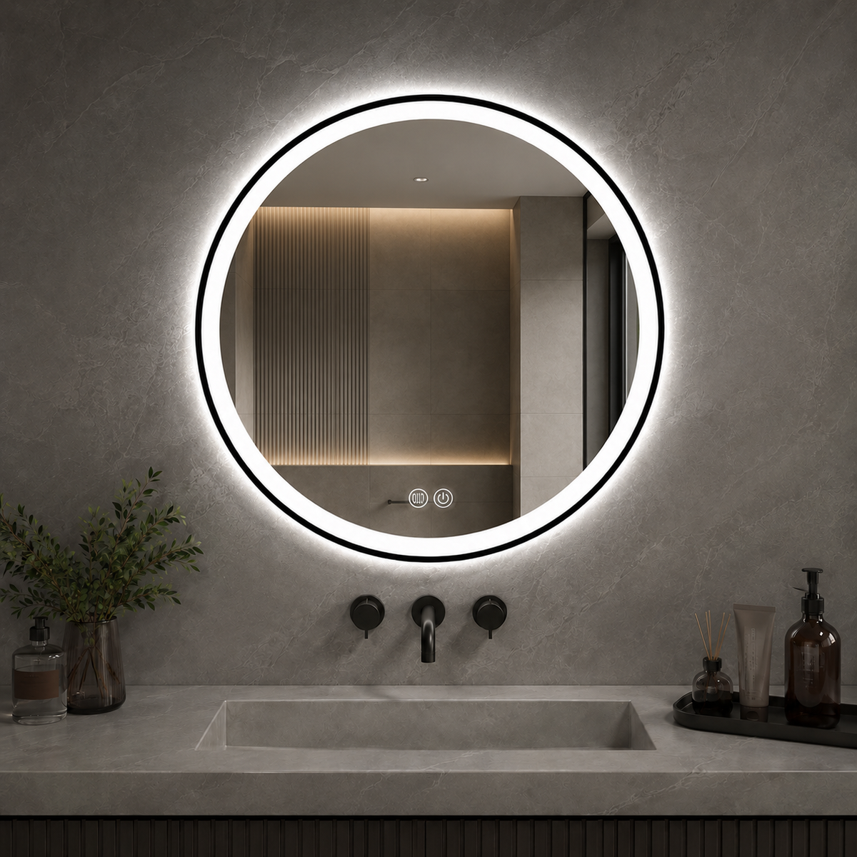 Black aluminium alloy round LED mirror, 36x36 inches, modern design by Best Glass Parts, with integrated LED lighting.