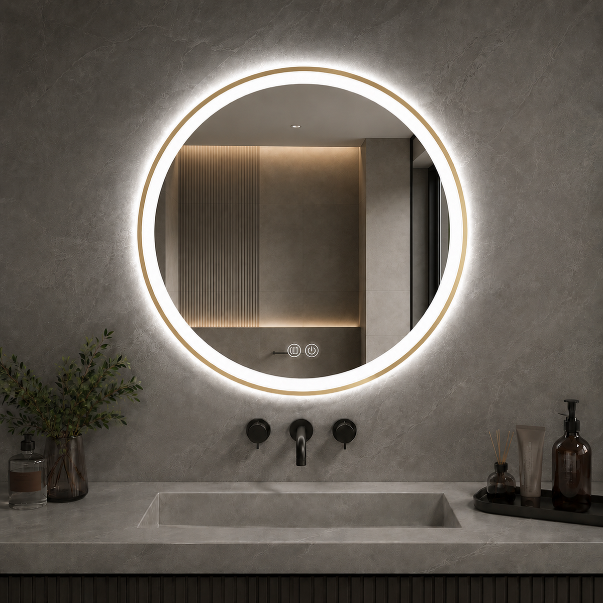 Black aluminium alloy round LED mirror, 36x36 inches, by Best Glass Parts, showcasing the sleek reflective surface and modern design.