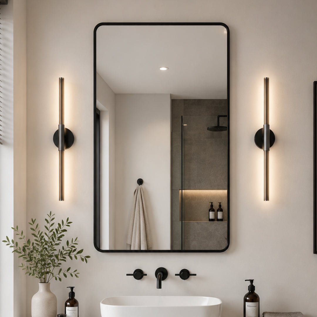 Aluminium framed rectangle mirror measuring 24x36 inches with sleek silver finish, designed for modern home decor.