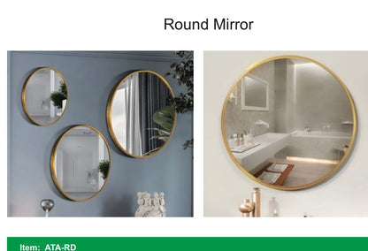 Aluminium framed round mirror, 36x36 inches, with sleek silver finish, reflecting a modern bathroom or living room setting.