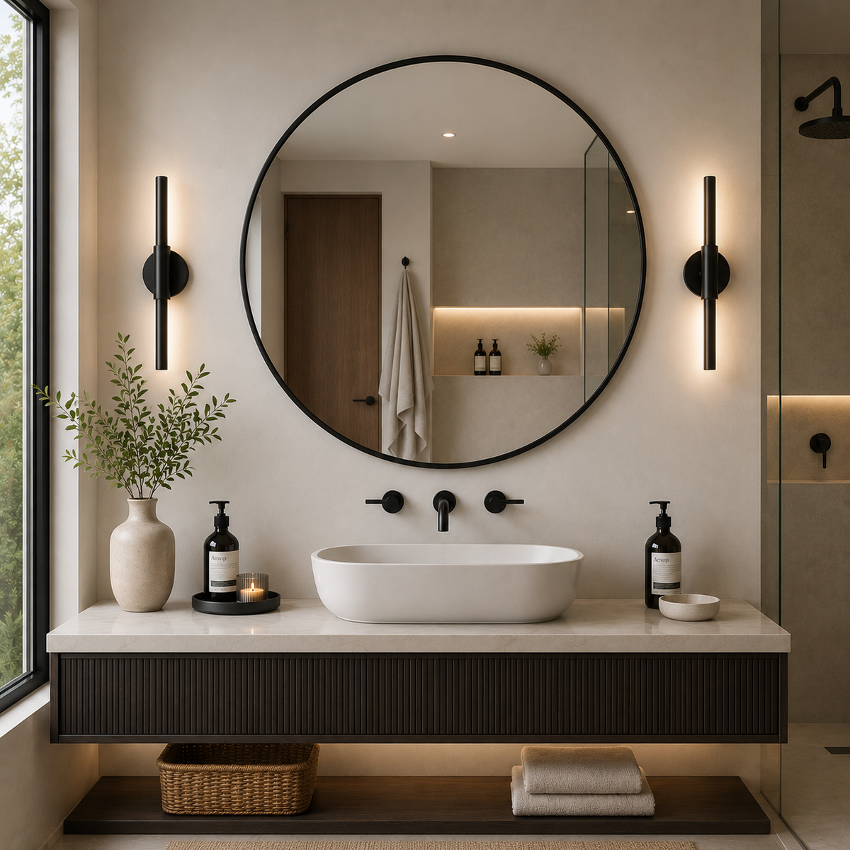 Black aluminium framed round mirror, 36x36 inches, featuring a sleek modern design from Best Glass Parts.