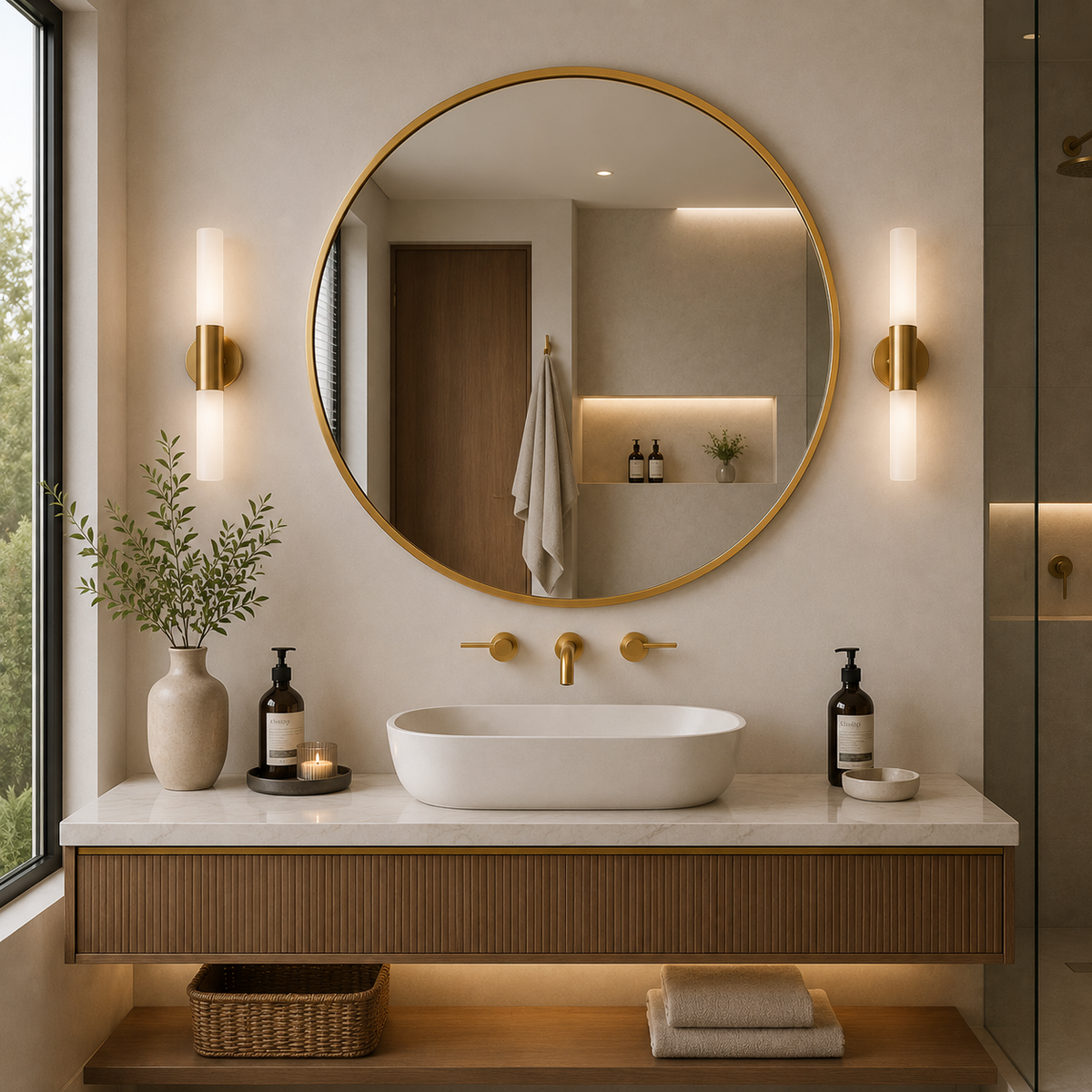 Gold aluminium framed round mirror measuring 36x36 inches, modern wall decor by Best Glass Parts.