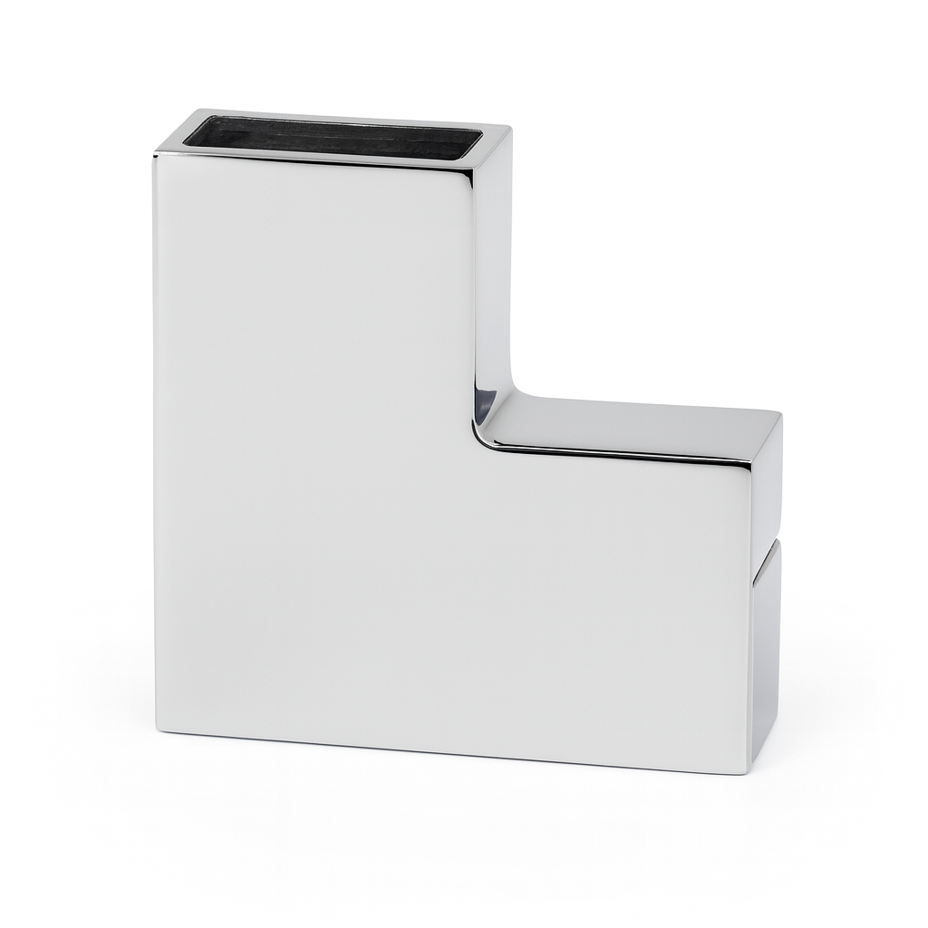 Clamp 90 degree for square rod by Best Glass Parts, showing a sturdy metal connector for secure glass or metal frame assembly.