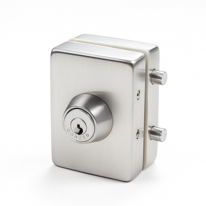 Glass to glass lock with key from Best Glass Parts, measuring 4.5x3 inches, designed for secure glass panel connections.