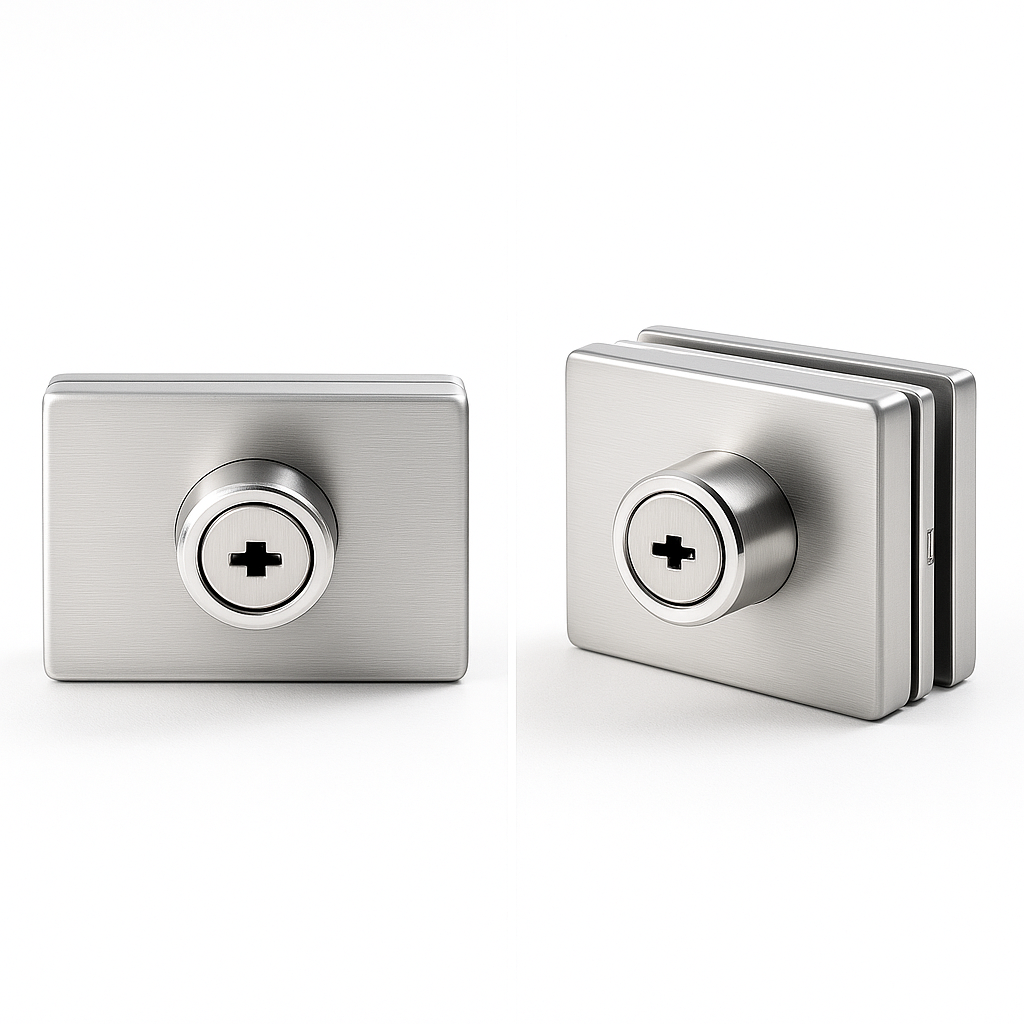 Glass to glass lock square with key hole by Best Glass Parts, 50x60mm, featuring a secure locking mechanism for glass doors.