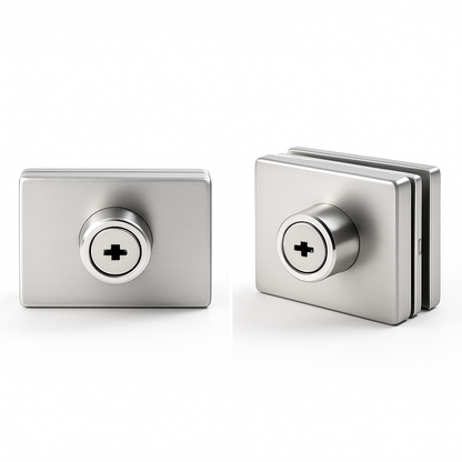 Glass to glass lock square with key hole by Best Glass Parts, 50x60mm, featuring a secure locking mechanism for glass doors.