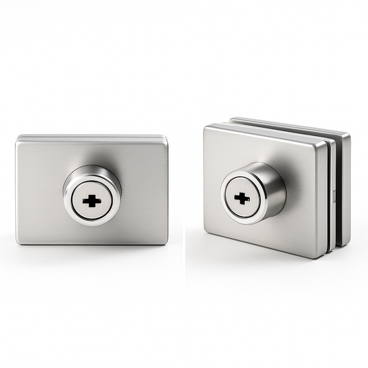 Glass to glass lock square with key hole by Best Glass Parts, 50x60mm, featuring a secure locking mechanism for glass doors.