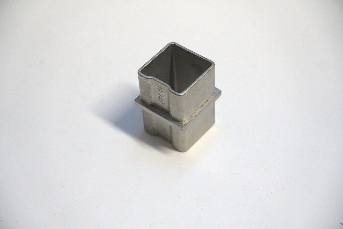 Square handrail connector for glass railings by Best Glass Parts, designed for 180-degree joint connections.