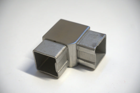 Square 90-degree handrail connector by Best Glass Parts, showing a metal fitting ideal for glass railing installations.
