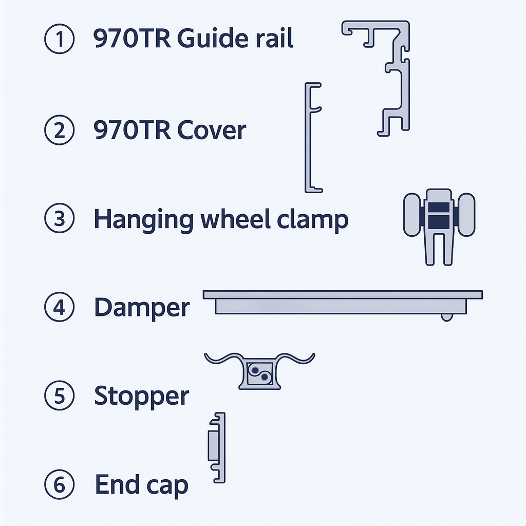 Infographic of Best Glass Parts hydraulic sliding door system kit showing components and installation diagram.