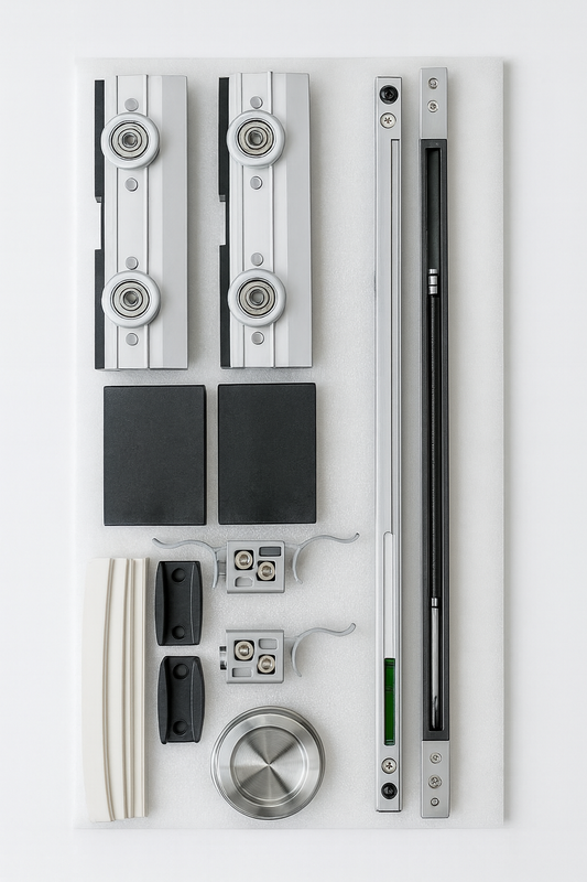 Hydraulic sliding door system kit by Best Glass Parts with chrome finish, including components and infographic illustration.