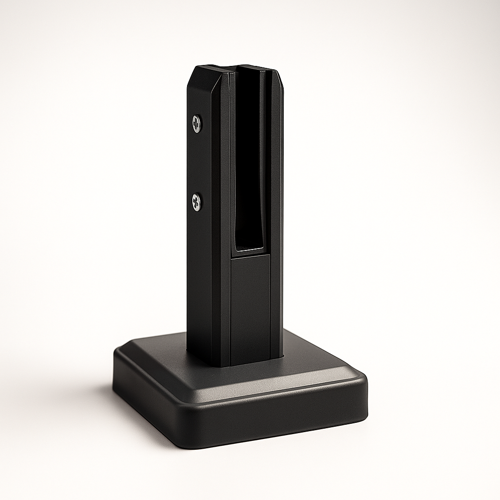 Black railing glass spigot end for 90-degree glass railing installations by Best Glass Parts.