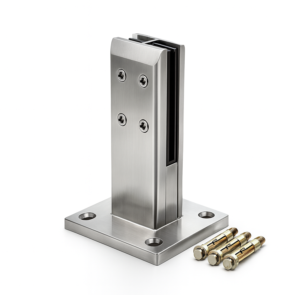 Glass to glass railing spigot with 180° angle by Best Glass Parts, showing polished metal fittings for secure glass installation.