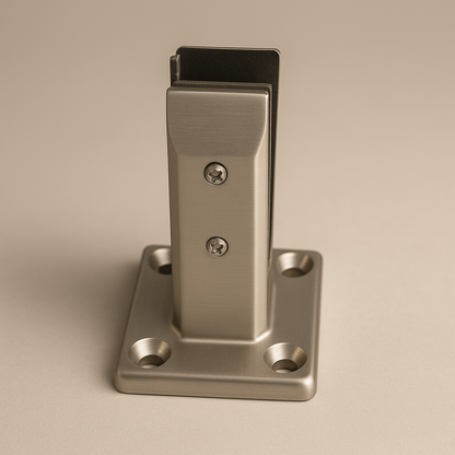 Brushed nickel railing spigot from Best Glass Parts, showing a metal fitting for glass railing installation.