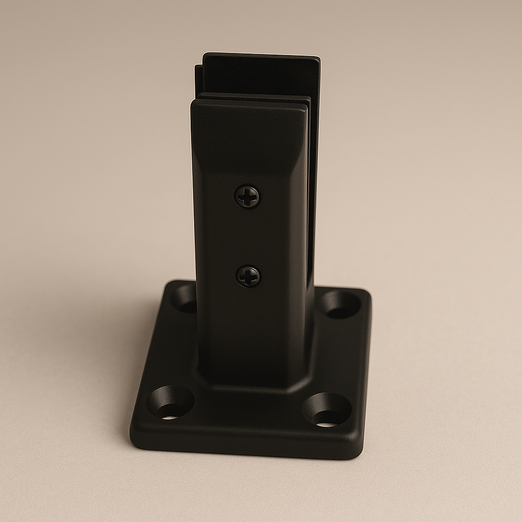Black railing spigot regular from Best Glass Parts, showing a close-up of the sturdy metal fitting for glass railing installation.