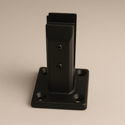 Black railing spigot regular from Best Glass Parts, showing a close-up of the sturdy metal fitting for glass railing installation.