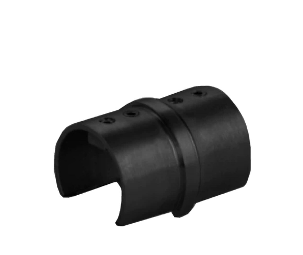 Round black railing top handrail with 180-degree joint, designed for glass railing systems by Best Glass Parts.