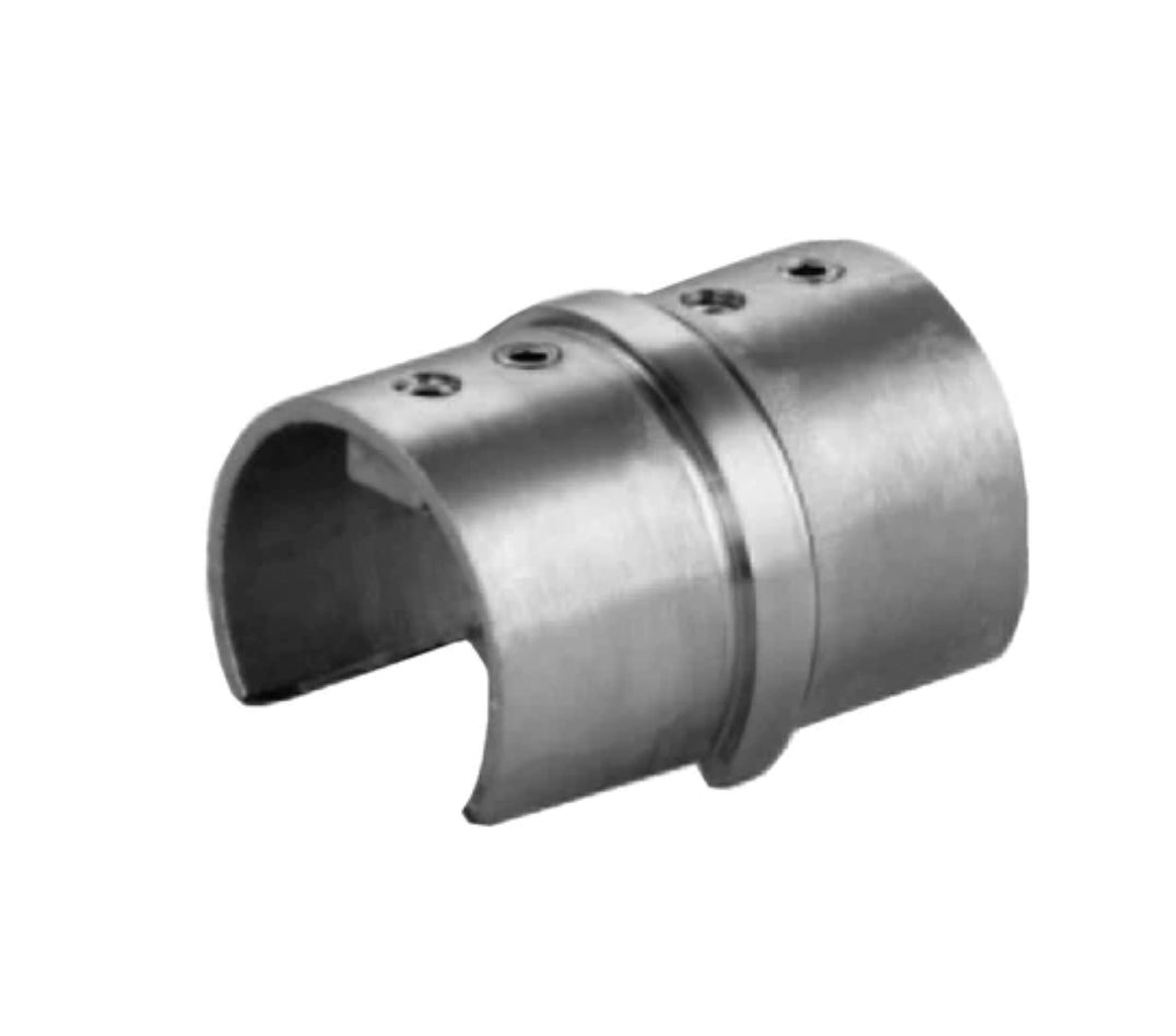 Round 180-degree railing top handrail joint by Best Glass Parts, showing polished metal connection for glass railing systems.