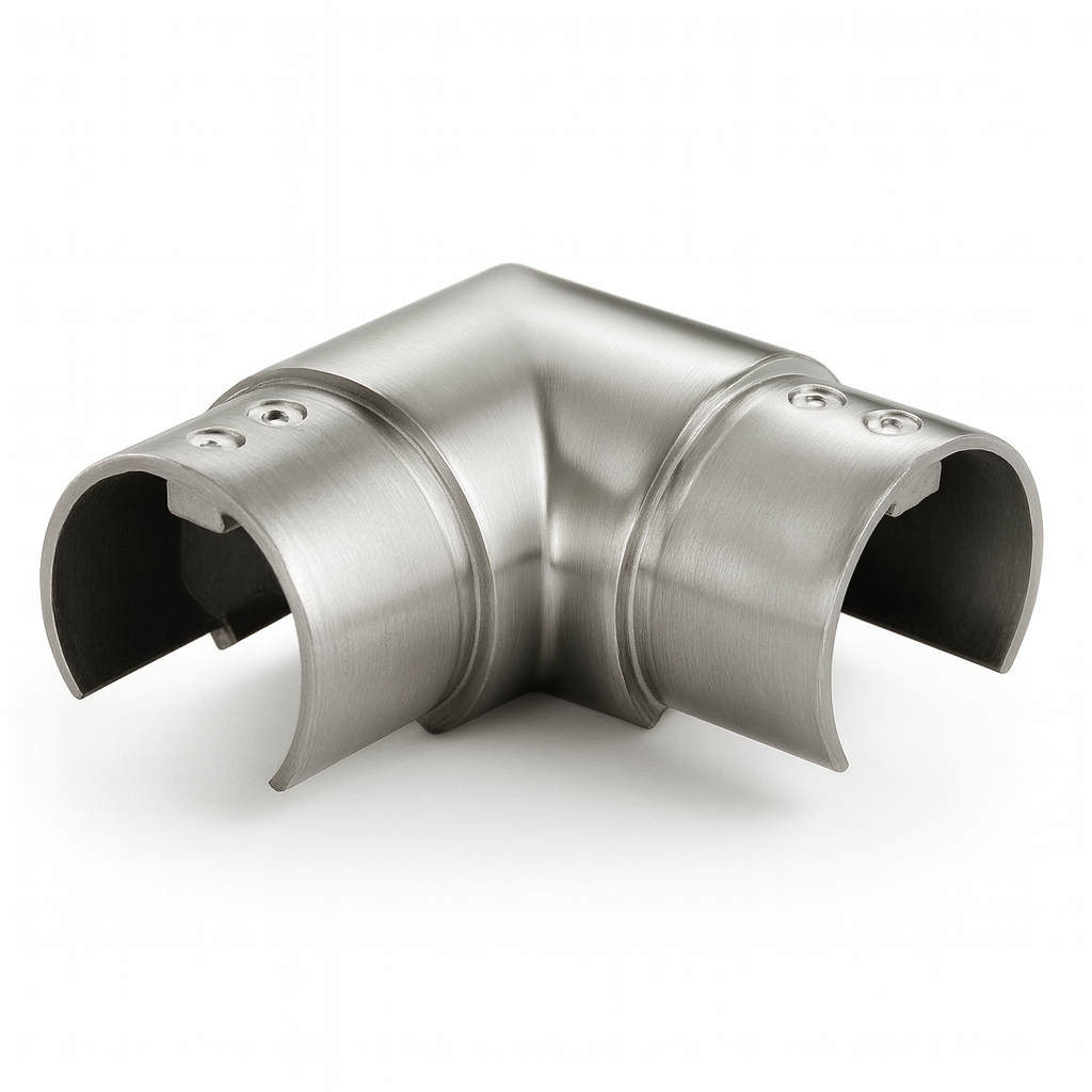 Round horizontal railing top handrail 90-degree elbow fitting by Best Glass Parts, designed for glass railing systems.