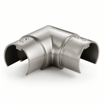 Round horizontal railing top handrail 90-degree elbow fitting by Best Glass Parts, designed for glass railing systems.